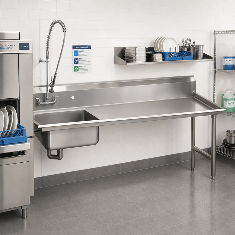 Product image #2 for Advance Tabco 143-Inch Straight-Soil Right-Hand Dishtable with Pre-Rinse Sink, 16 Gauge 304 Stainless Steel