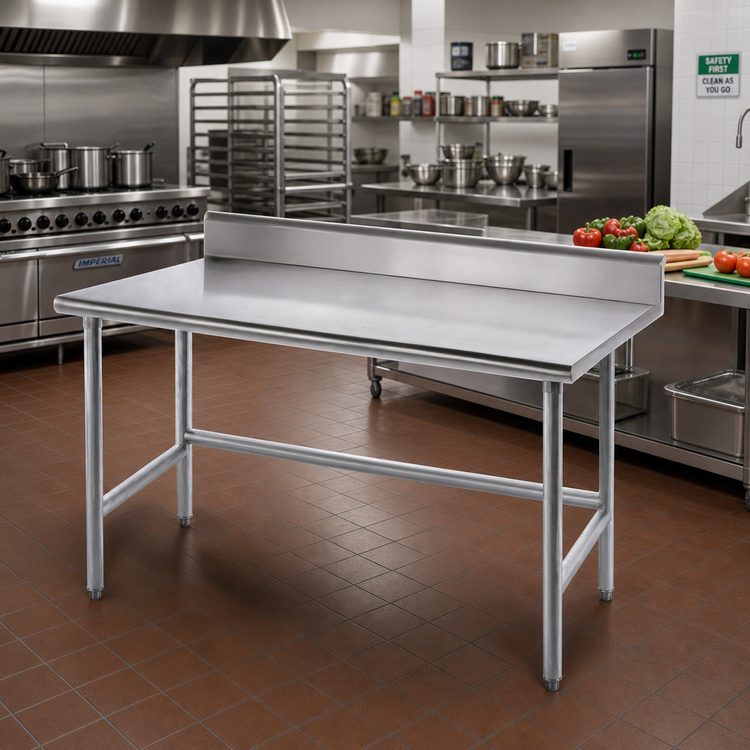 Product image #2 for Advance Tabco 120-Inch x 24-Inch 14-Gauge 304 Stainless Steel Work Table with 5-Inch Backsplash and Galvanized Open Base