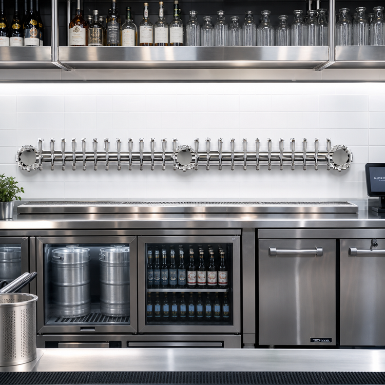 Product image #2 for Metropolis 84-Inch Wide Wall Mount 24-Faucet Glycol-Cooled Draft Beer Tower, 3-Column, Polished Stainless Steel