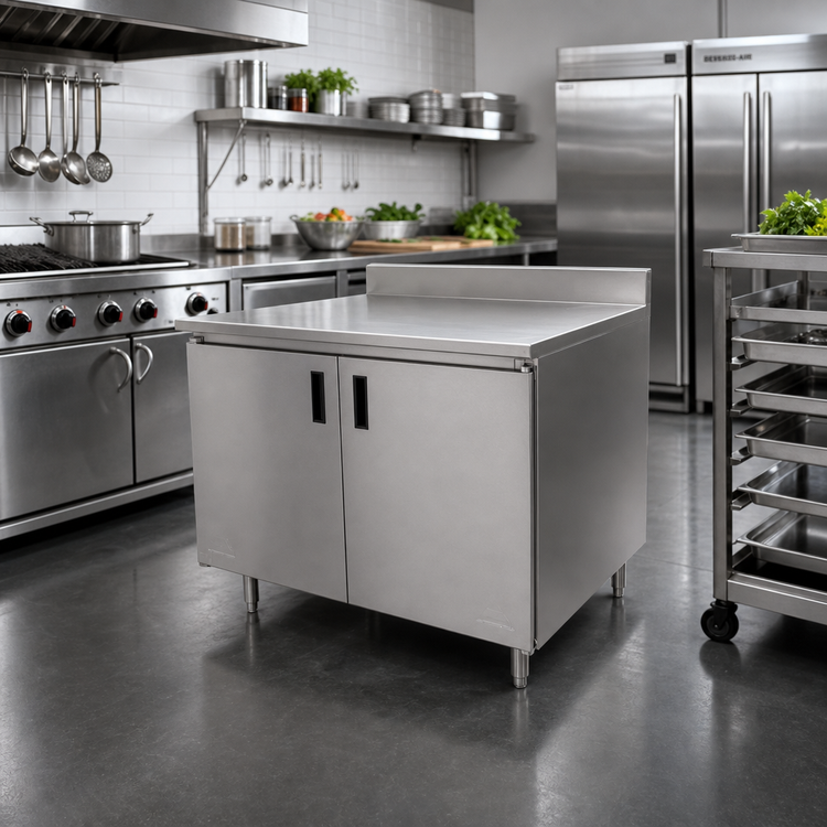 Product image #2 for 36 Inch x 30 Inch Enclosed Work Table with Cabinet Base, 16 Gauge 304 Stainless Steel Top and 5 Inch Backsplash
