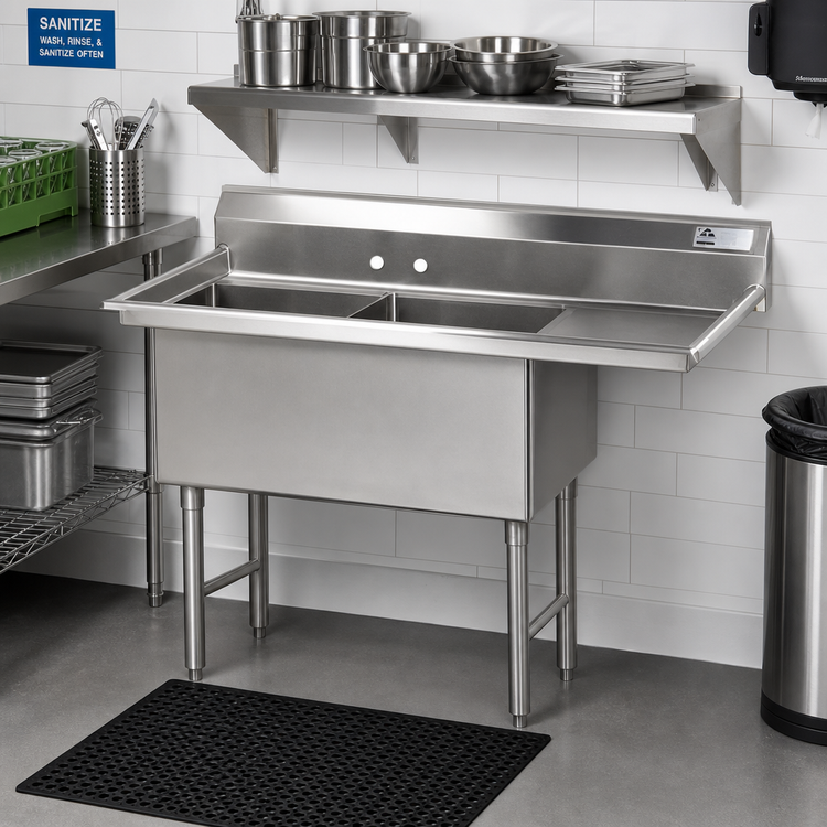 Product image #2 for Advance Tabco Special Value Series 2-Compartment Fabricated Sink with Right Drainboard, 18" x 24" Bowls, 16 Gauge 304 Stainless Steel