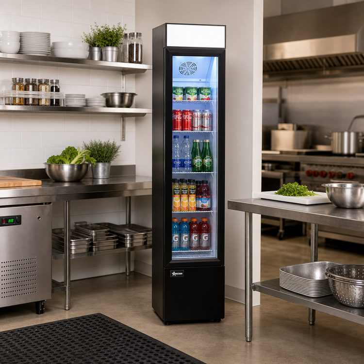 Product image #2 for Omcan RS-CN-0105-B (48275) Slim 1-Section Glass-Door Merchandiser Refrigerator, 3.7 cu. ft., Bottom-Mount, Black