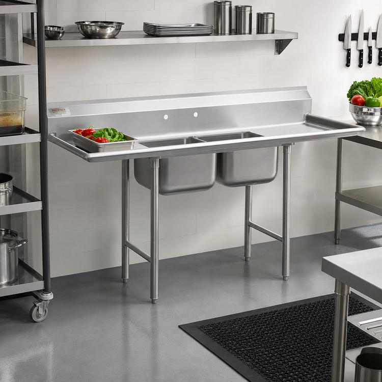 Product image #2 for Two-Compartment Sink with Left Drainboard, 62-5/8"W x 27-1/2"D, 430 Stainless Steel