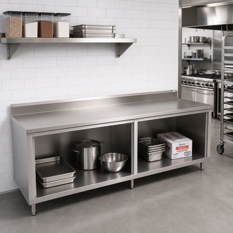 Product image #2 for John Boos Stainless Steel Work Table with Open Front Cabinet Base, 132 x 24 Inches, 5-Inch Backsplash