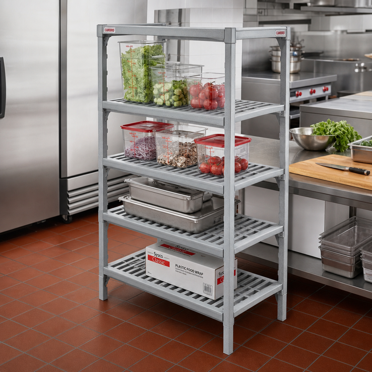 Product image #3 for Cambro Camshelving Premium 18 Inch x 30 Inch Vented 4-Shelf Polymer Shelf Kit, Speckled Gray