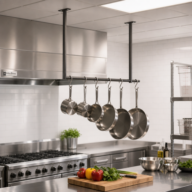 Product image #2 for John Boos PRS3-C Ceiling-Mounted Single-Bar Stainless Steel Pot Rack with 6 Double Hooks