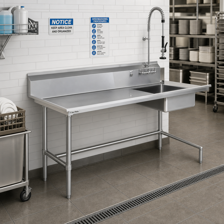 Product image #2 for Steel Works Stainless 72-Inch Soiled Dish Table, Left-to-Right Layout, with Pre-Rinse Bowl, 16-Gauge 304 Stainless Steel