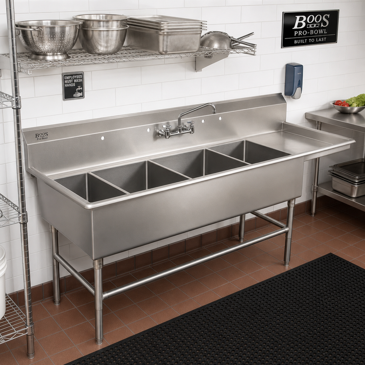 Product image #2 for John Boos Pro-Bowl 4-Compartment Sink with Right-Hand Drainboard, 18 x 24 x 14-Inch Bowls, 16-Gauge Stainless Steel