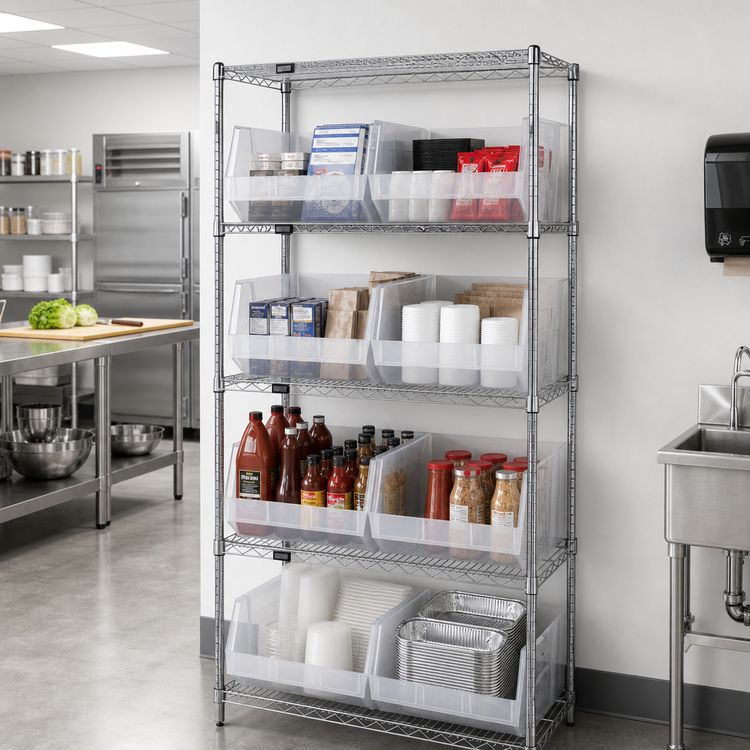 Product image #2 for Quantum 42-Inch Wide Bin Wire Shelving System with 5 Shelves and 8 Clear Bins