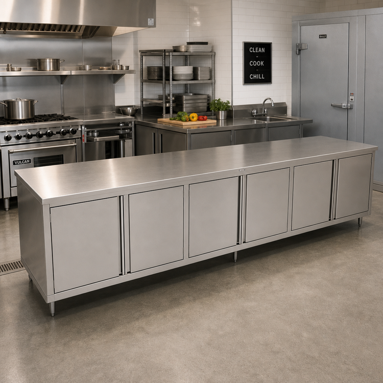 Product image #2 for John Boos 144-Inch x 36-Inch Enclosed Work Table with Cabinet Base and 3 Hinged Door Sets
