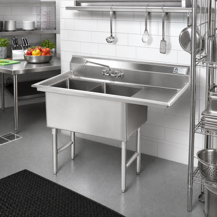 Product image #2 for Advance Tabco 2-Compartment Fabricated Sink with Right Drainboard, 18 x 24 x 14-Inch Bowls, 16-Gauge 304 Stainless Steel