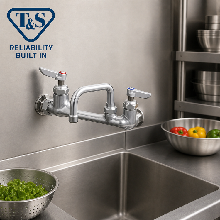 Product image #2 for T&S Brass Wall Mount Pantry Mixing Faucet with 6-Inch Swing Nozzle, 8-Inch Centers