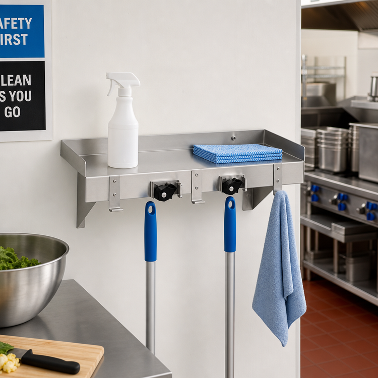 Product image #2 for Advance Tabco Wall-Mounted Stainless Steel Utility Shelf with 2 Mop Holders and 3 Rag Hooks, 24 x 8 Inches