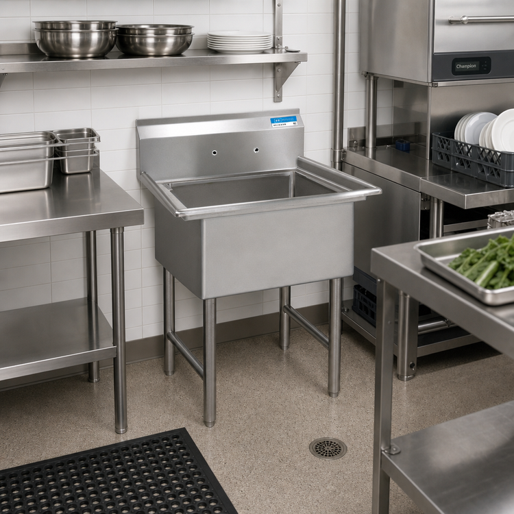 Product image #2 for BK Resources 1-Compartment Stainless Steel Sink, 18 x 18 x 14 Bowl, 10-Inch Backsplash, No Drainboards