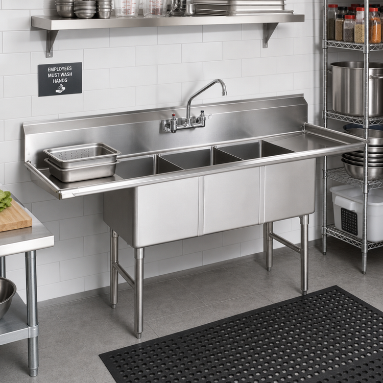 Product image #2 for BK Resources 18-Gauge 304 Stainless Steel Three-Compartment Sink with Left and Right Drainboards, 18 x 24 x 14-Inch Compartments