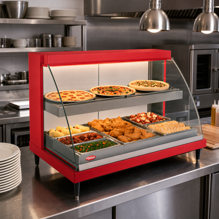 Product image #2 for Hatco Glo-Ray Designer 3-Pan Dual-Shelf Heated Display Case, Curved Glass, 120V Countertop Hot Food Display