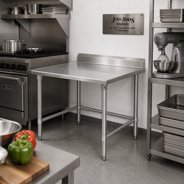 Product image #2 for John Boos Stallion 30" x 30" Corner Stainless Steel Work Table with 5" Backsplash