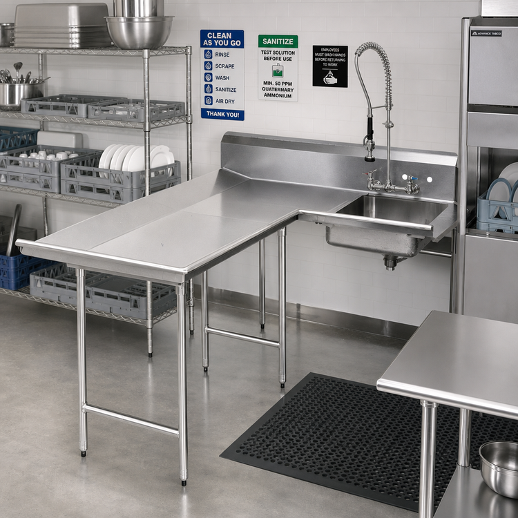 Product image #2 for Advance Tabco L-Shaped Left-Mount Dishlanding-Soil Dishtable with Landing and Pre-Rinse Sink, 107 Inch, 14/304 Stainless Steel