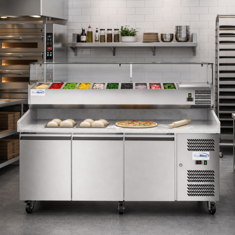 Product image #2 for KoolMore Commercial 79.5-Inch Granite Top Refrigerated Pizza Prep Counter, 3-Section, Stainless Steel