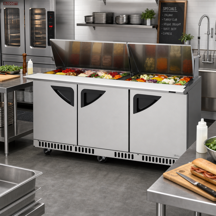 Product image #2 for Turbo Air Super Deluxe 72-5/8 Inch Wide Three-Section Front Breathing Mega Top Sandwich/Salad Prep Table, 30-Pan