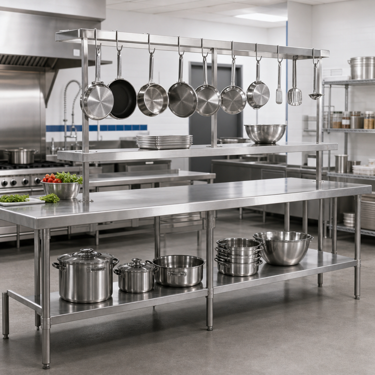 Product image #2 for Advance Tabco Adjustable Table-Mounted Stainless Steel Utensil Rack with 9 Plated Pot Hooks, 144 Inch Wide