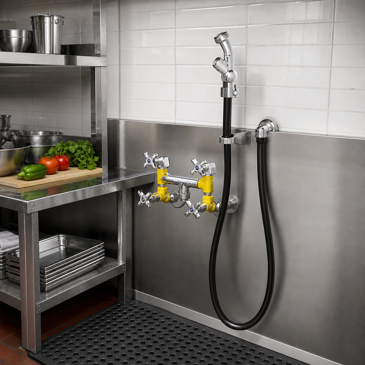 Product image #2 for Concealed Mixing Faucet with 3-Inch Centers, Deck/Wall Mount, 4-Arm Handles, and Spray Valve
