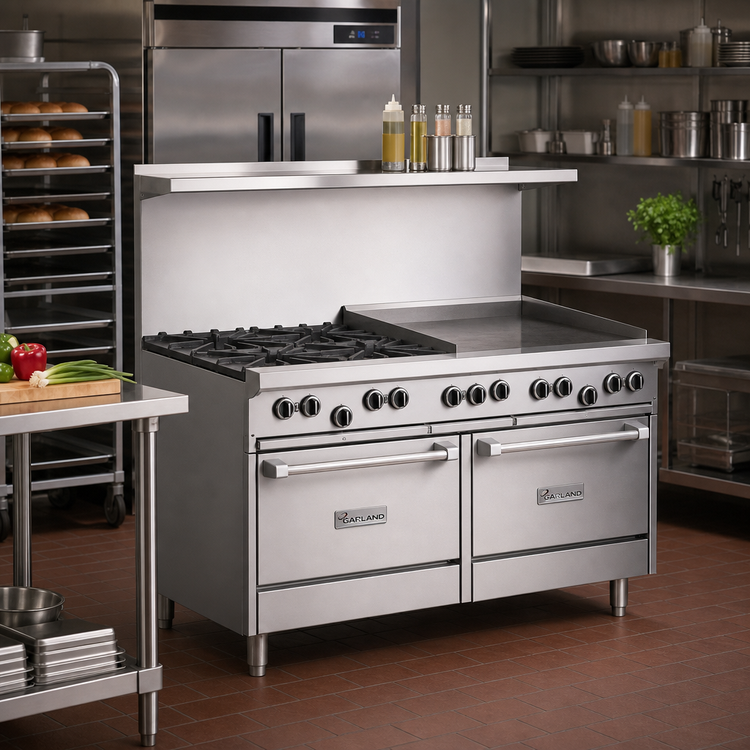 Product image #2 for Garland US Range U Series 60-Inch Commercial Gas Range with 2 Open Burners, 48-Inch Smooth Steel Griddle and Storage Bases