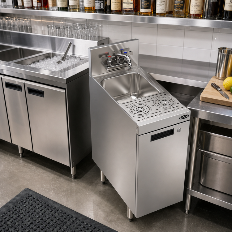 Product image #2 for Krowne Royal Series 12-Inch Underbar Speed Station with Cabinet Base, Dual Speed Rinsers and Dump Sink