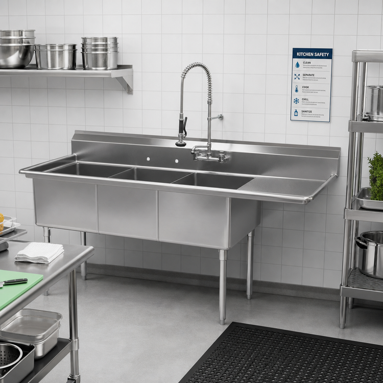 Product image #2 for Sapphire Manufacturing 3-Compartment Sink with Right Drainboard, 74-1/2 Inch Wide