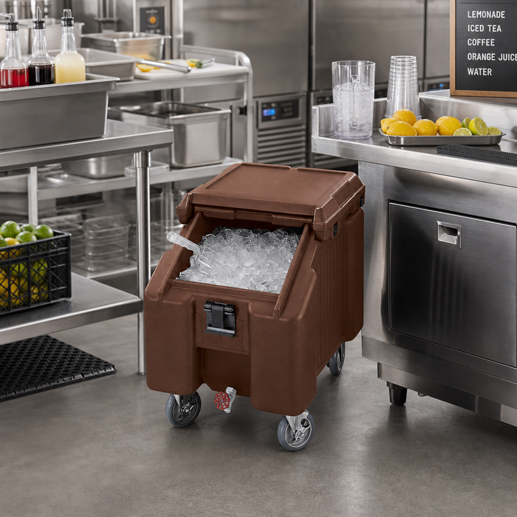 Product image #3 for Cambro SlidingLid™ Slant Top Mobile Ice Caddy, 100 lb. Capacity, Dark Brown