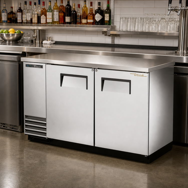 Product image #2 for True TBB-2-S-HC Two-Section Back Bar Cooler with Stainless Steel Top, Solid Doors and Left-Side Condensing Unit