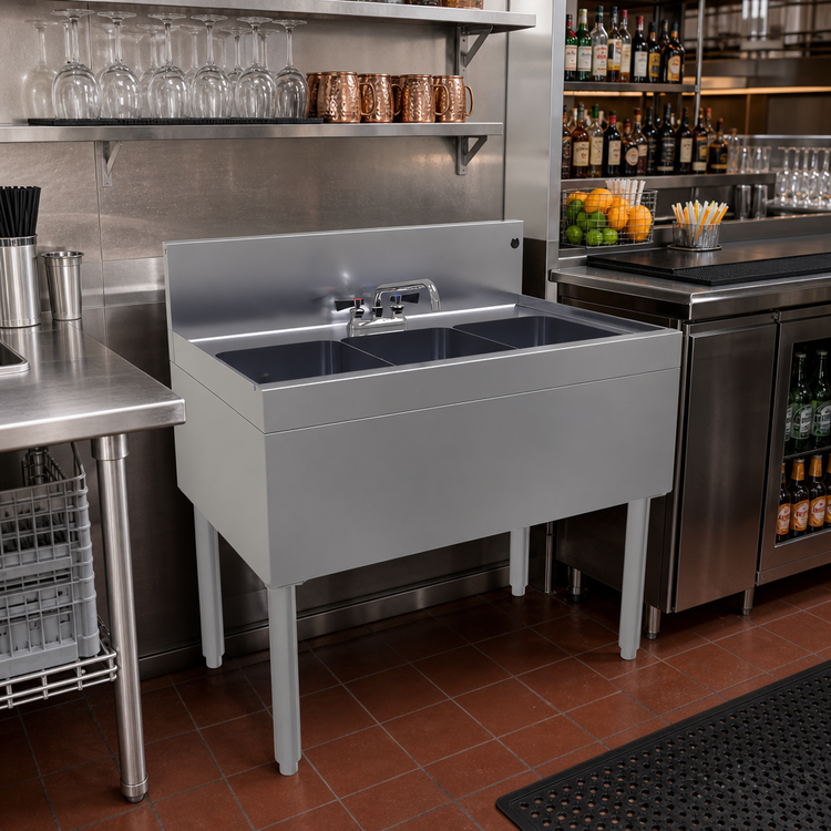 Product image #2 for Glastender Three-Compartment Underbar Sink Unit with Deck-Mount Faucet, 36"W x 24"D, Stainless Steel