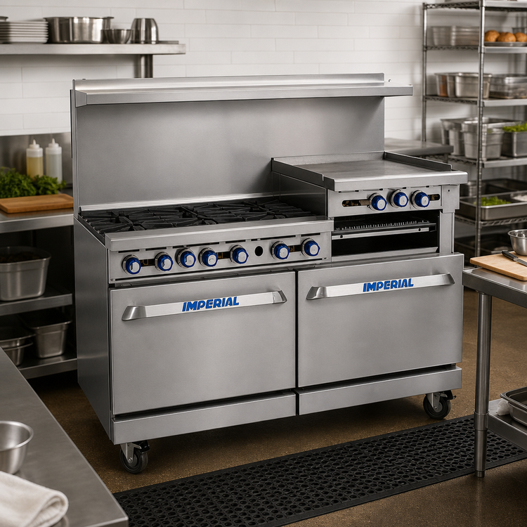 Product image #2 for Imperial Pro Series 60-Inch Gas Restaurant Range with 2 Open Burners, 48-Inch Griddle, Standard Oven, and Open Cabinet Base