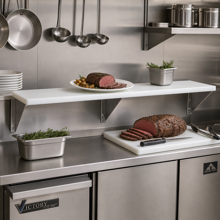 Product image #2 for Advance Tabco Triumph (Supreme) Stainless Steel Carving Station Shelf with Removable 3/8-Inch White Poly Cutting Board