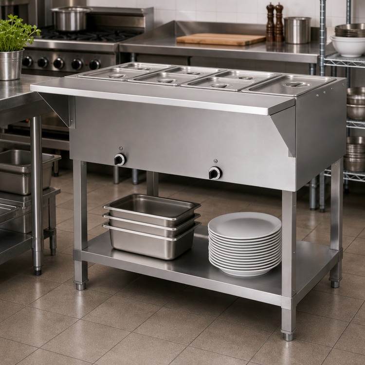 Product image #2 for Klinger's Trading Stationary 5-Pan Sealed Well Electric Steam Table with Open Shelf Base
