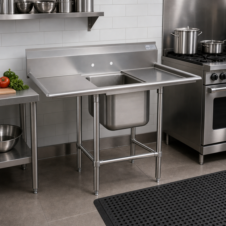Product image #2 for Advance Tabco Regaline 1-Compartment Stainless Steel Sink with Left & Right Drainboards, 20 x 20 Inch Bowl