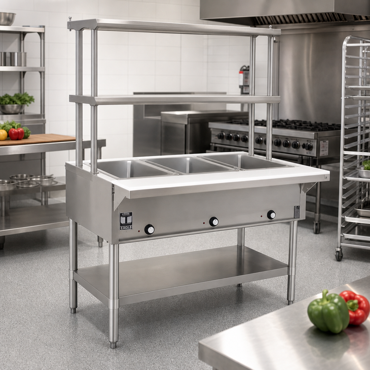 Product image #2 for Eagle Group Electric Hot Food Table, Open Base, 4 Wells, with Flex-Master Overshelves