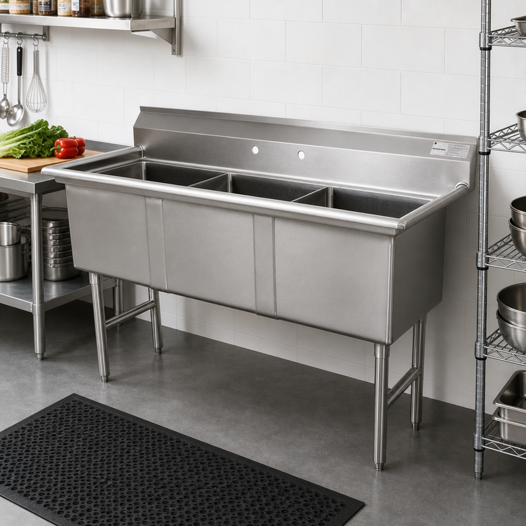 Product image #2 for Advance Tabco 3-Compartment Fabricated Stainless Steel Sink on Legs, 65-Inch, 14-Gauge 304 Stainless Steel