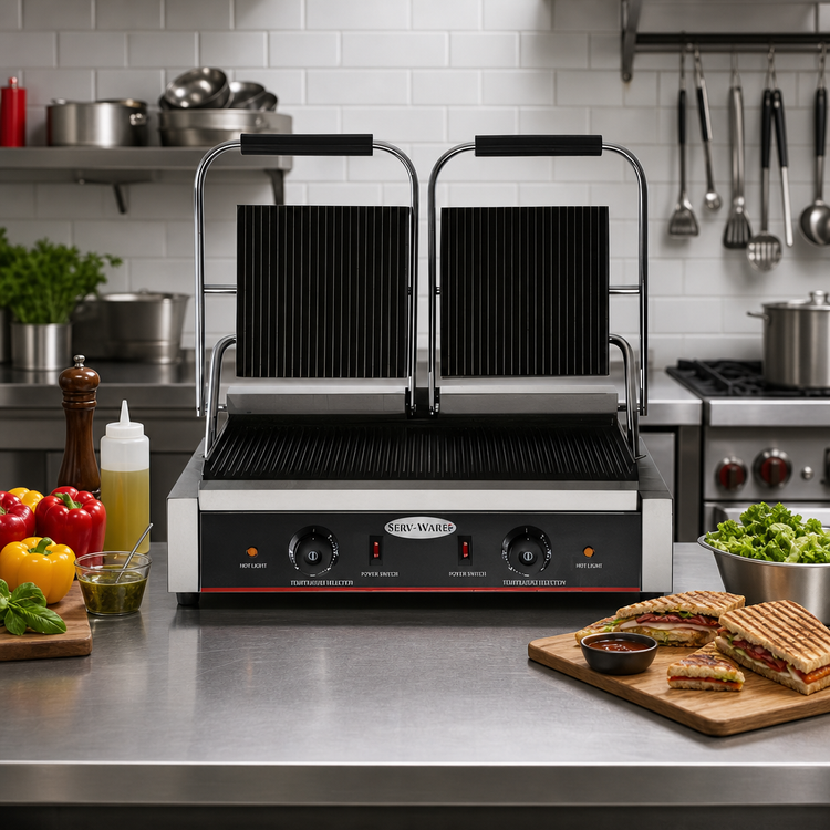 Product image #2 for Serv-Ware EPG-200GG Countertop Double Electric Panini Grill with Grooved Cast Iron Plates