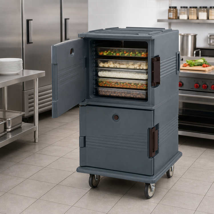 Product image #3 for Cambro Ultra Camcart® Double-Compartment Front-Loading Insulated Food Pan Carrier with HD Casters, Granite Gray