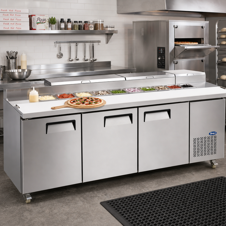 Product image #2 for Atosa 93-Inch Three-Section Refrigerated Pizza Prep Table with Side-Mounted Self-Contained Refrigeration, 3 Doors