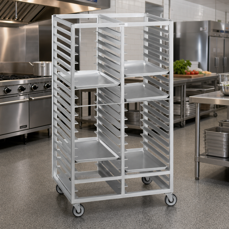 Product image #2 for Channel Manufacturing 467A6 Double Section Aluminum Cafeteria Tray Rack with 5-Inch Swivel Plate Casters, 44-Tray Capacity