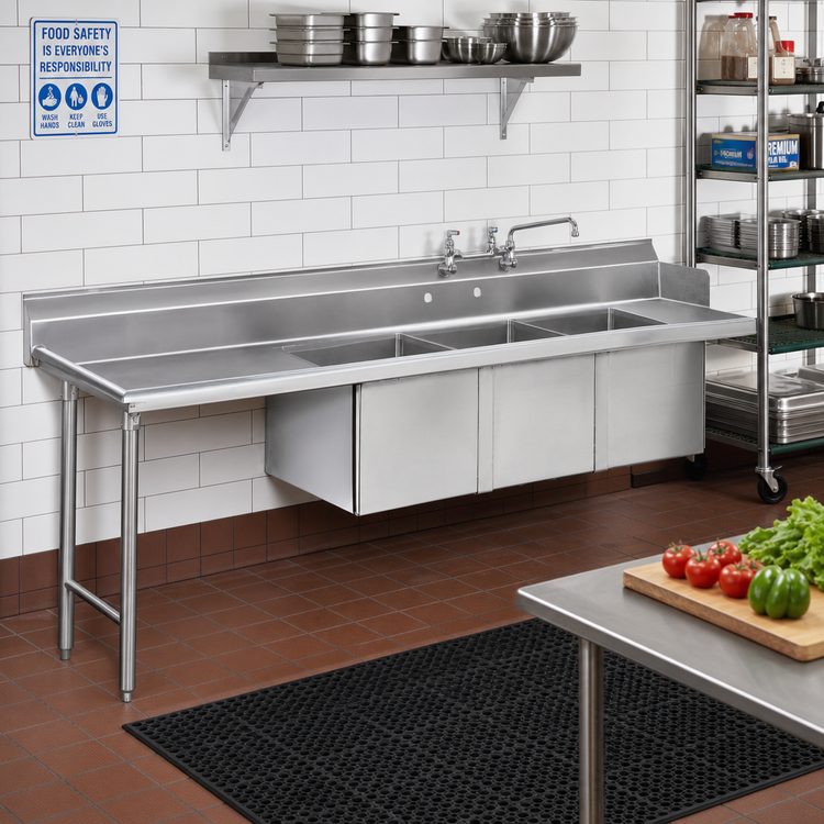 Product image #2 for Advance Tabco 107-Inch Left-Drainboard 3-Compartment Sink Table, 16-Gauge 304 Stainless Steel Top, 18 x 24 x 14 Bowls