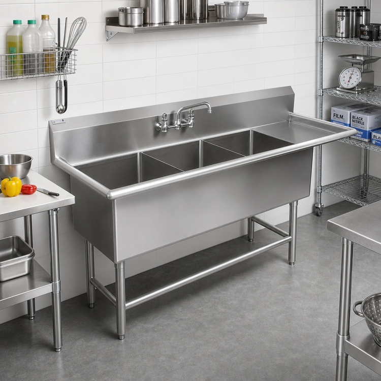 Product image #2 for John Boos Pro-Bowl 3-Compartment Sink with 18 in. Right Drainboard, 18 x 24 x 12 in. Bowls, 76-3/16 in. W x 29-1/2 in. D