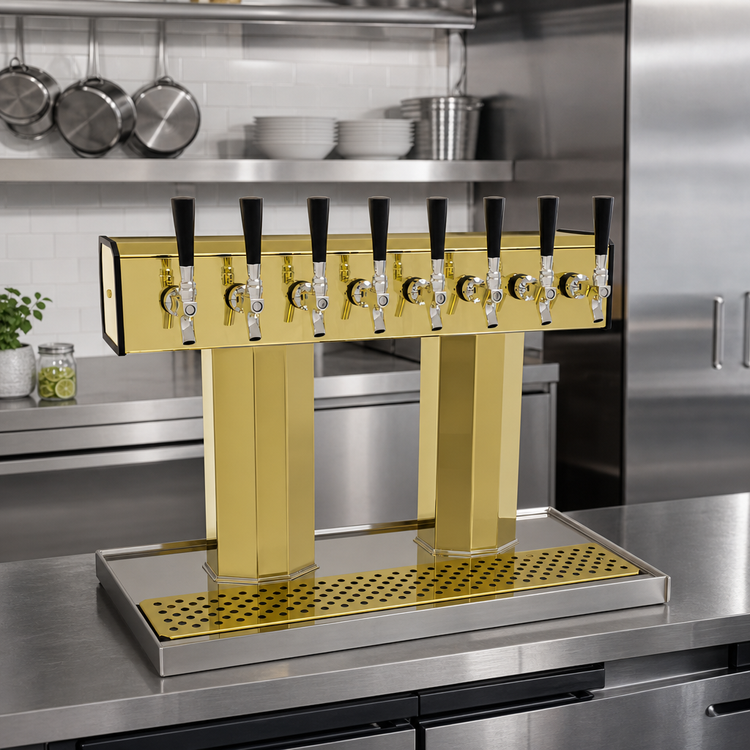 Product image #2 for Glastender Countertop Air-Cooled Tee Draft Dispensing Tower with 8 Faucets, Stainless Steel Construction and Polished Brass Finish