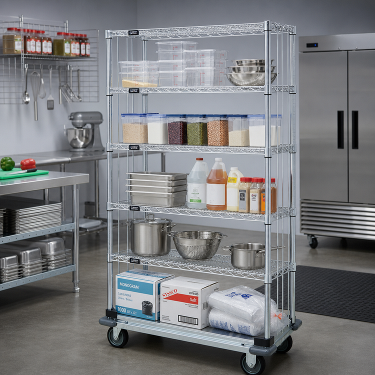 Product image #2 for Quantum Chrome-Plated Mobile Enclosure Cart with 4 Wire Shelves and 1 Solid Shelf, 48 x 18 x 70 Inches