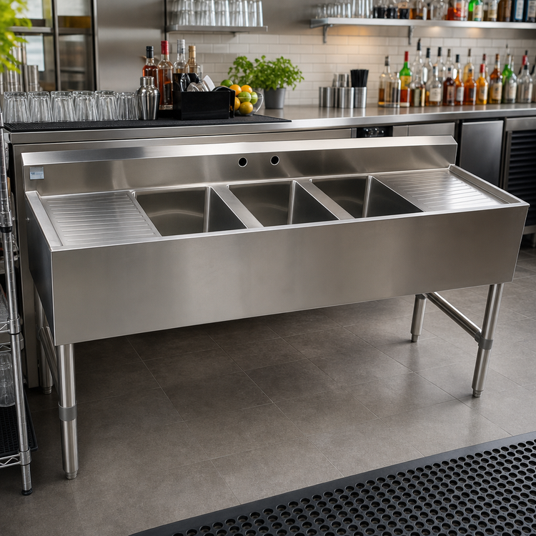 Product image #2 for 18/304 Stainless Steel Three-Compartment Underbar Sink with Left and Right Drainboards, 59-1/2 Inch Wide