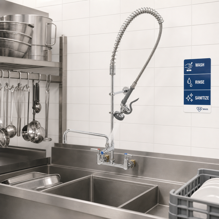 Product image #2 for T&S Brass EasyInstall 8-Inch Wall Mount Pre-Rinse Unit with Add-On Faucet, 12-Inch Swing Nozzle, and 1.15 GPM Spray Valve
