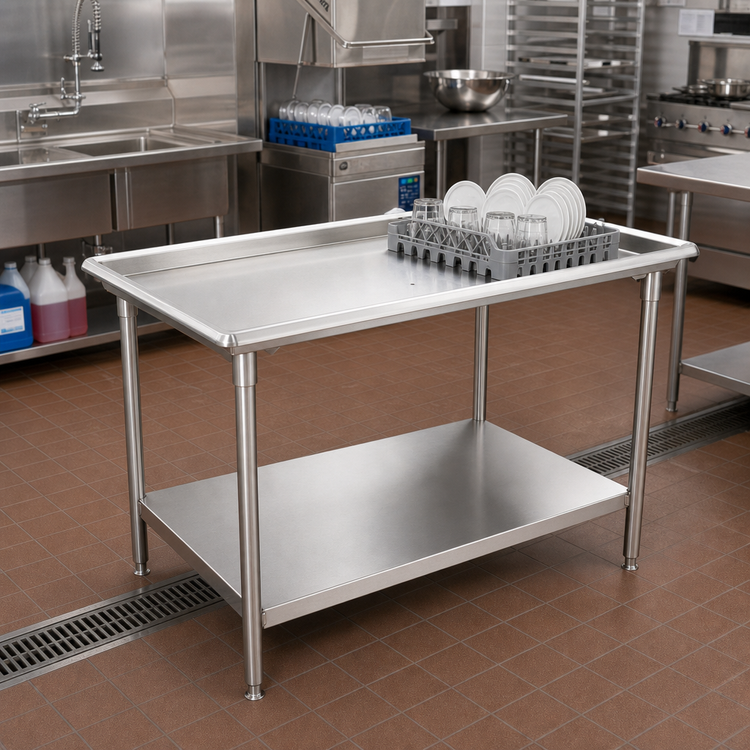 Product image #2 for John Boos 48-7/8" x 30-3/8" 16-Gauge Type 300 Stainless Steel Dish Sorting Table with Undershelf and Adjustable Bullet Feet