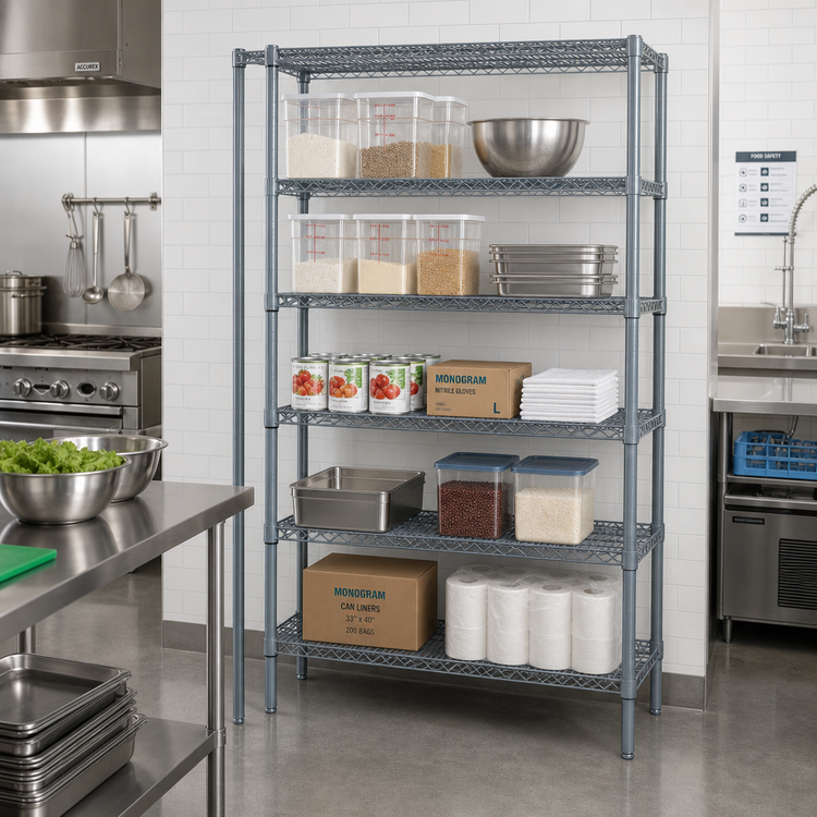 Product image #3 for Quantum Stationary Wire Shelving Starter Kit, 48 in. W x 24 in. D x 86 in. H, 5 Shelves, Gray Epoxy Antimicrobial Finish